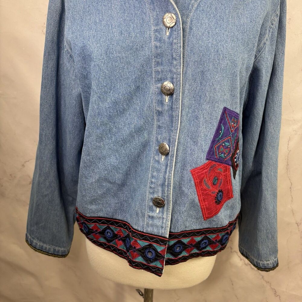 Vintage 90s Patchwork Denim Jacket M Beaded Collar Southwestern Concho Artsy L - Picture 9 of 16
